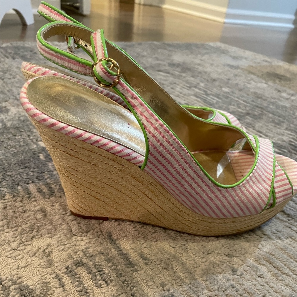 Lilly wedges Sz. 7 pink/green stripe—preppy!